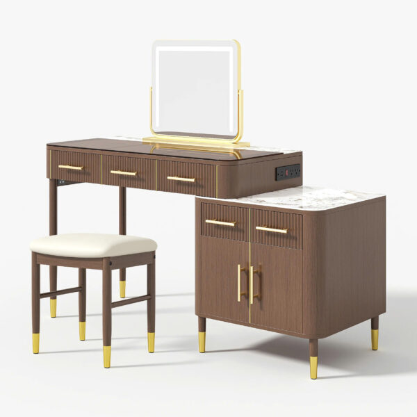 Bàn Trang Điểm Hiện Đại Gỗ Nâu Có Đèn LED & Ngăn Tủ Đa Năng