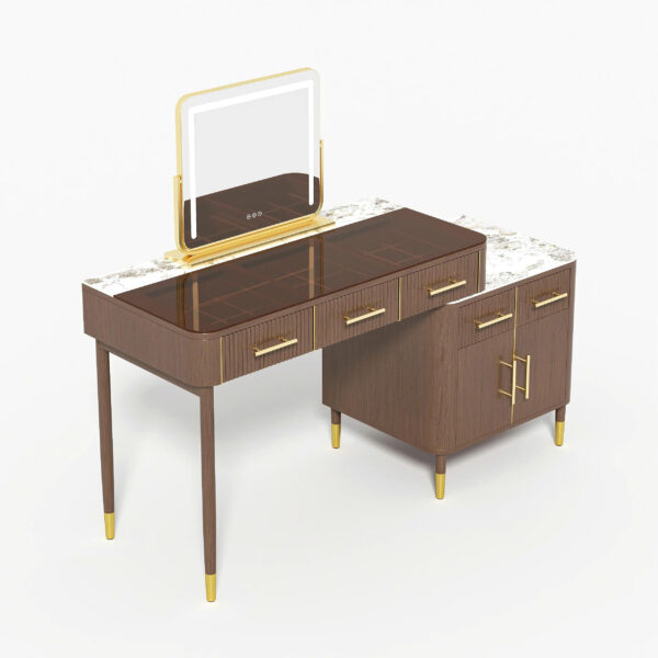 Bàn Trang Điểm Gỗ Tự Nhiên Chân Vàng Sang Trọng Có Gương LED