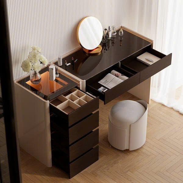 Bàn Trang Điểm Phong Cách Châu Âu – Có Hộc Kéo, Mặt Gương & Ghế Tròn Bọc Nệm